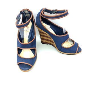 LelaRose Navy Blue Ankle Strap Peep toe wooden brown wedges.